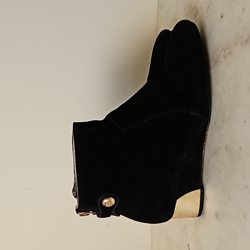 TORY BURCH: gold heel and logo snap black suede wedge ankle boots